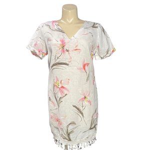 Peck‎ & Peck L Shift Dress White Multicolor Watercolor Flowers Fringe Hem Linen